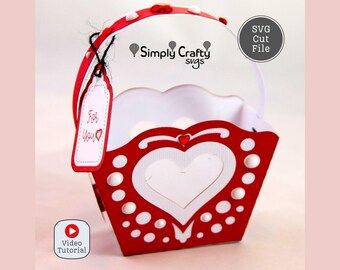 May include: Red and white heart-shaped gift basket with a white tag that says "For You". The basket has a white handle with red polka dots and a red heart with a white center. The basket is decorated with white polka dots and red rhinestones.