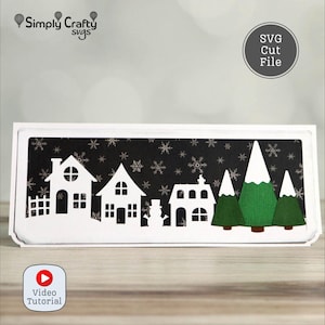 Kerstdorp slimline kaart SVG. DIY kerstdorp kaart SVG-snijbestand. Slanke kerstkaart met sneeuw- en dorpsgezicht.