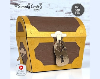Archivo de corte SVG de cofre del tesoro 3D para Cricut o Silhouette. Cofre del tesoro pirata SVG. Caja de regalo de cofre del tesoro de papel para manualidades.