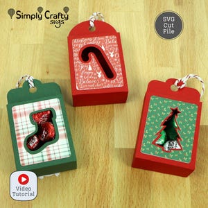 Archivo SVG de caja con etiqueta navideña. Archivo de corte para cajas navideñas DIY en 6 estilos. Plantillas de cajas de regalo de dulces pequeñas para Cricut o Silhouette.