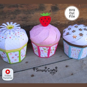 Boîte à cupcakes 3D SVG. Modèle de boîte cadeau Cupcake pour Cricut ou Silhouette. Boîte à cupcakes d'anniversaire DIY. Fichier de découpe SVG 3D.