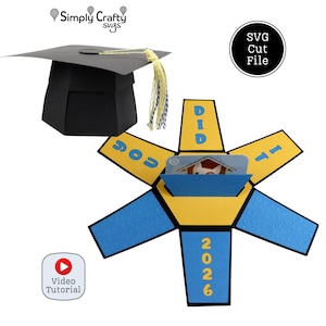 Graduation Explosion Box SVG for 2025 - 2030. Graduation Hat Explosion Box SVG Cut File with Gift Card Holder for Cricut or Silhouette.