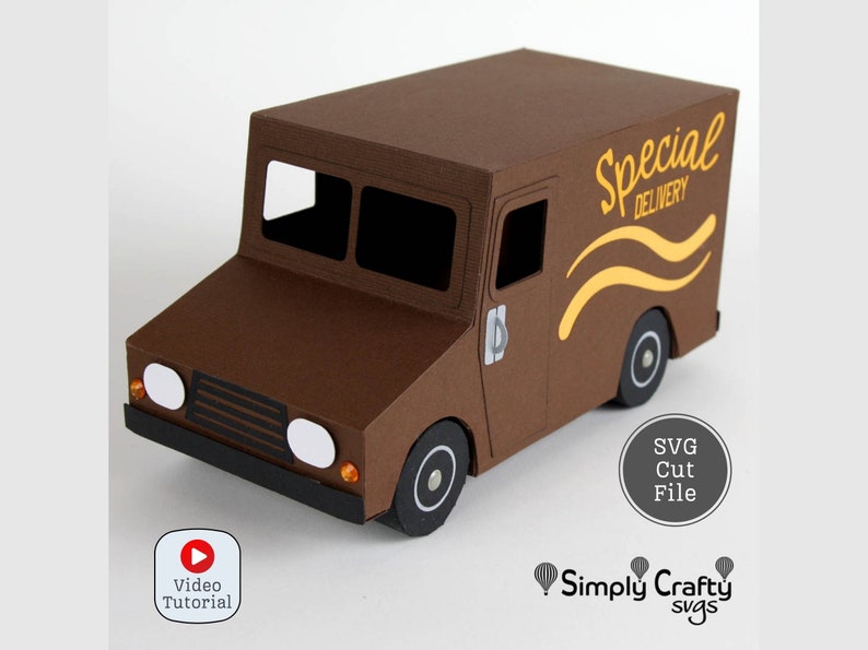 K&ouml;nnte beinhalten: Brauner Papierbastel-Lieferwagen mit einem "Special Delivery"-Schild an der Seite. Der Wagen hat einen wei&szlig;en K&uuml;hlergrill, wei&szlig;e Scheinwerfer und schwarze R&auml;der. Der Wagen ist eine digitale Schnittdatei.