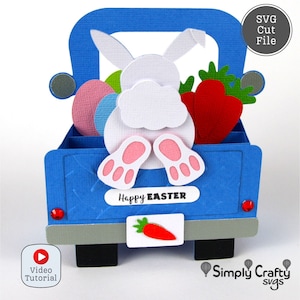 Easter Bunny Truck Card SVG-snijbestand voor Cricut, Silhouette of ScanNCut. Paasvrachtwagendoos kaartsnijbestand.