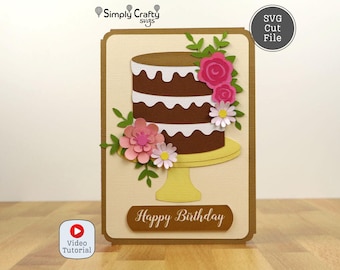 Birthday Cake with Flowers Card SVG. Floral Birthday Greeting SVG for Cricut & Silhouette.