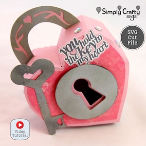 Caixa com cadeado em formato de coração 3D SVG para o Dia dos Namorados. Modelo de caixa de presente em formato de coração de papel faça você mesmo. Caixa com cadeado em formato de coração 3D para Cricut ou Silhouette.