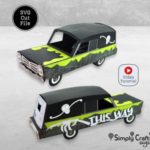 Haunted Hearse SVG. 3D Halloween SVG. 3D Paper Halloween Car. 3D Hearse Papercraft. DIY Halloween Gift Box for Cricut or Silhouette.