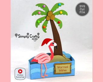Flamingo Weihnachtskarte SVG. Flamingo Box-Karte SVG.  Strand Weihnachten Box Karte schneiden Datei für Cricut oder Silhouette.