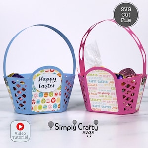 Fichier de coupe SVG panier de Pâques avec sentiments imprimables. DIY Panier de Pâques Papercraft pour Cricut ou Silhouette.