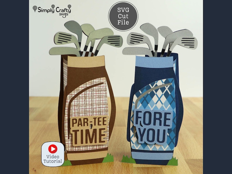 May include: Two golf bag themed cards with golf clubs sticking out of the top. The brown card says "Par-Tee Time" and the blue card says "Fore You".