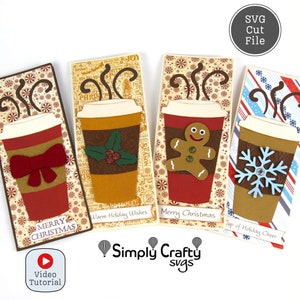 Tarjeta de café SVG para Navidad. Archivos SVG de tarjetas de café Slimline para hacer tú mismo. Tarjeta de taza de café con lazo navideño, acebo, hombre de jengibre y copo de nieve.