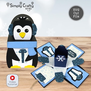 Pudełko z pingwinem w formacie SVG. Świąteczne pudełko z eksplodującą grafiką DIY z uchwytem na kartę podarunkową. Plik do wycinania pudełka z eksplodującą grafiką w formacie SVG dla Cricut lub Silhouette.