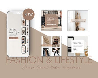 May include: A set of five social media templates for fashion and lifestyle brands. The templates feature a neutral color palette with brown, beige, and white. The templates include text such as "Elevate Your Style", "Subscribe Now", "Star Styling Them", and "Kind Words From Clients".