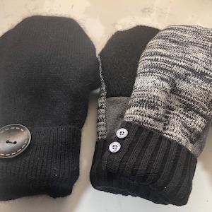 Upcycled Wool Sweater Mittens: Black & White Fleece Lined Gloves (Medium)