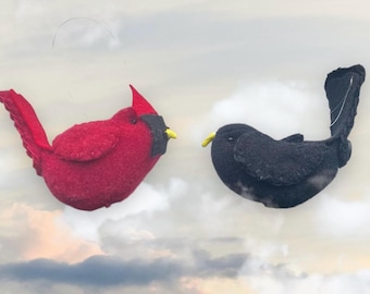 Recycled Sweater Bird Ornament: Plush Cardinal & Blackbird Decoration