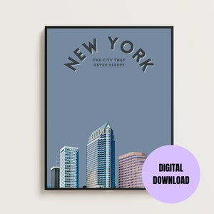 K&ouml;nnte beinhalten: Ein digitaler Download-Druck mit einer stilisierten Illustration der Skyline von New York City mit dem Text "NEW YORK THE CITY THAT NEVER SLEEPS".