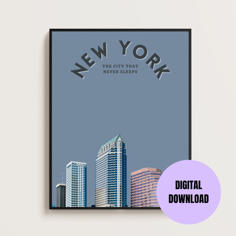 K&ouml;nnte beinhalten: Ein digitaler Download-Druck mit einer stilisierten Illustration der Skyline von New York City mit dem Text "NEW YORK THE CITY THAT NEVER SLEEPS".