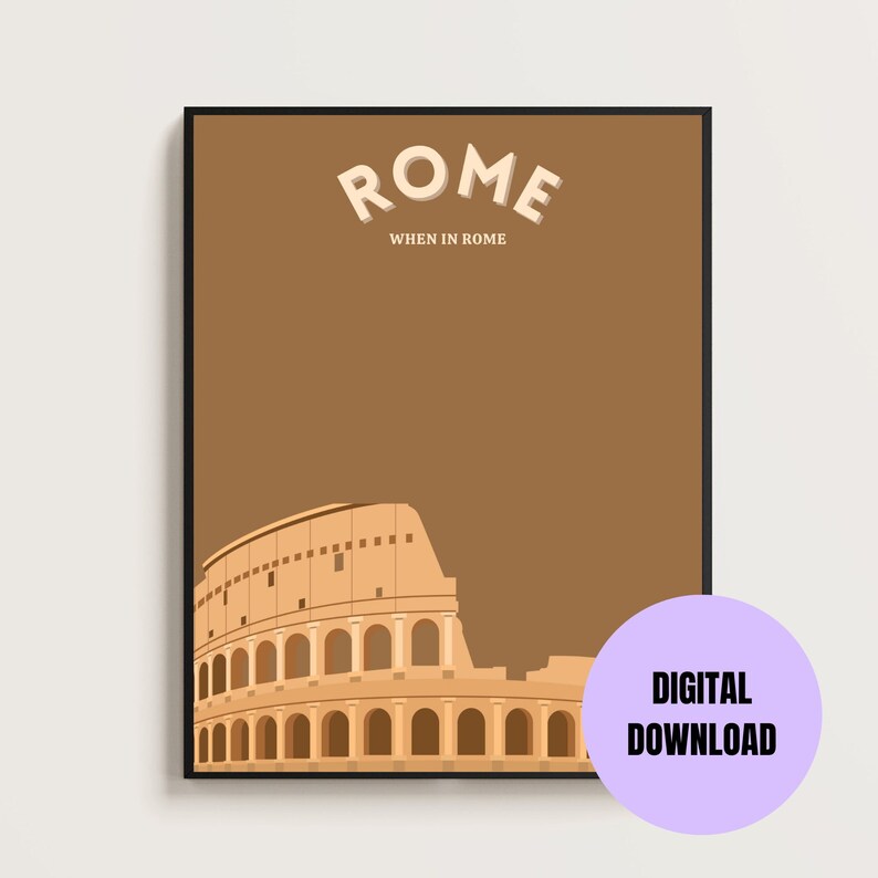 K&ouml;nnte beinhalten: Ein digitaler Download-Druck mit braunem Hintergrund und dem Text "ROME" und "WHEN IN ROME" in Wei&szlig;. Das Bild zeigt au&szlig;erdem eine braune Silhouette des Kolosseums.