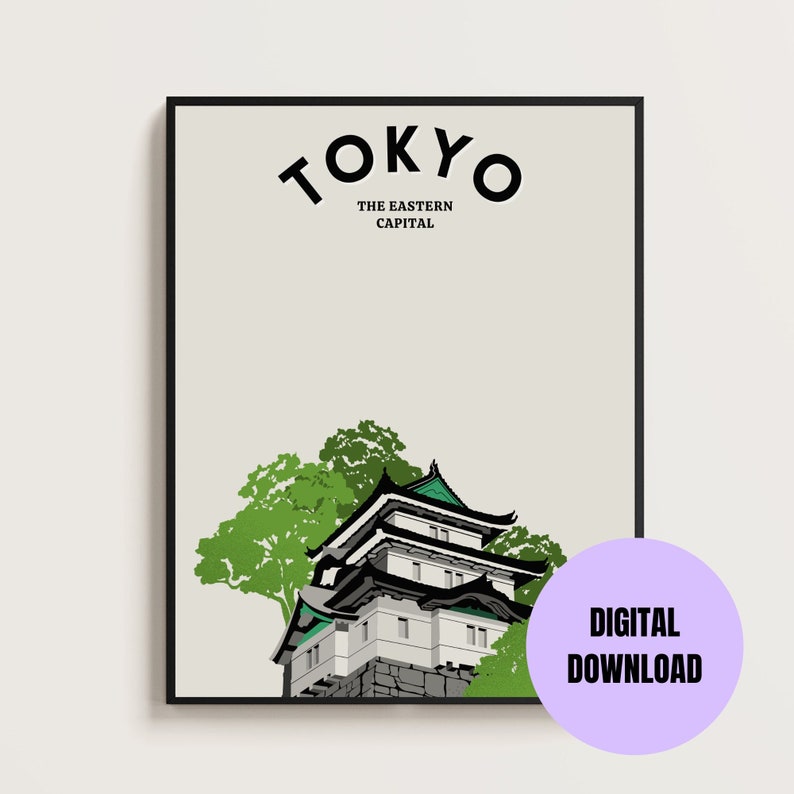 K&ouml;nnte beinhalten: Ein digitaler Download eines minimalistischen Illustration eines japanischen Schlosses mit gr&uuml;nen B&auml;umen und dem Text "TOKYO THE EASTERN CAPITAL" in Schwarz.