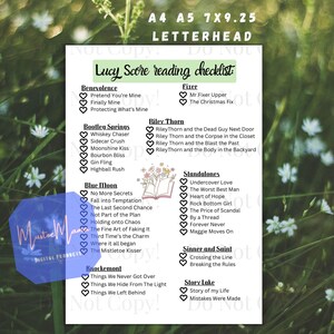 May include: A white letterhead with a reading checklist titled "Lucy Score reading checklist." The list includes book titles categorized under Benevolence, Bootleg Springs, Blue Moon, Knockemont, Fizer, Riley Thorn, Standalones, Sinner and Saint, and Story Lake.