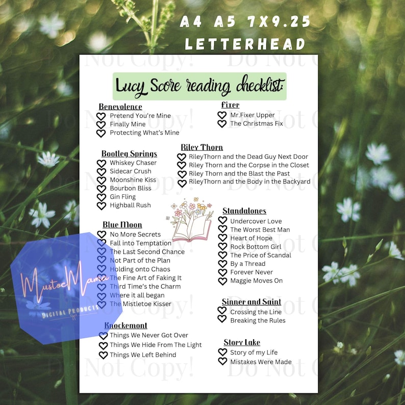May include: A white letterhead with a reading checklist titled "Lucy Score reading checklist." The list includes book titles categorized under Benevolence, Bootleg Springs, Blue Moon, Knockemont, Fizer, Riley Thorn, Standalones, Sinner and Saint, and Story Lake.