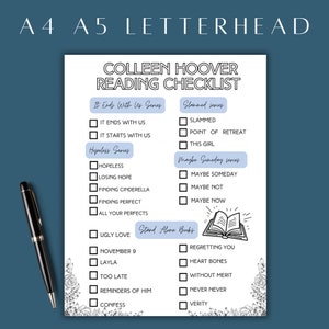 Colleen Hoover blue cozy reading session book checklist, coho reading log digital download, romance novels reading log, book worm image 6