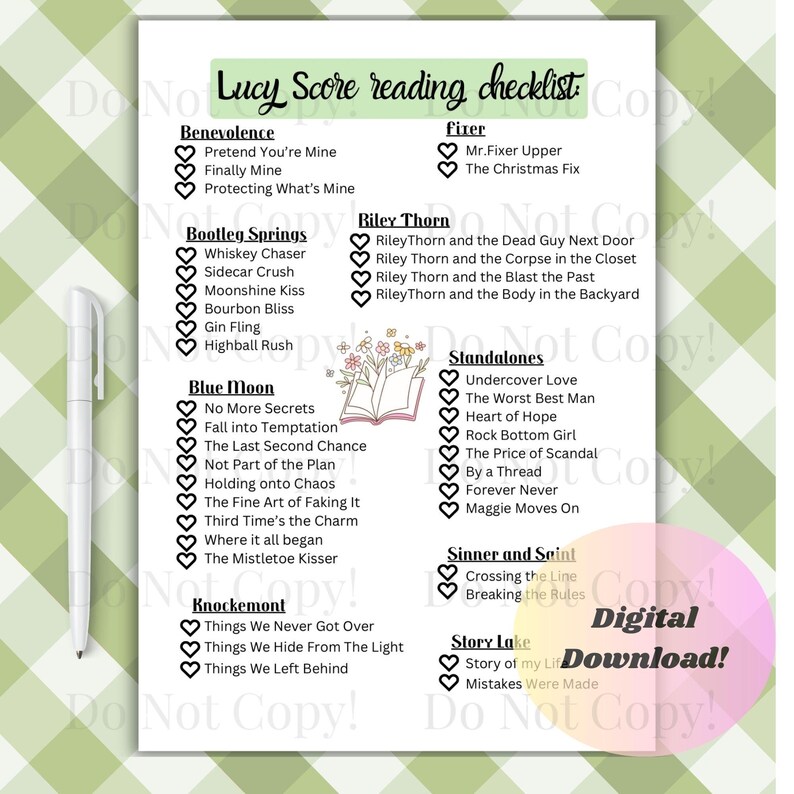 Lucy Score cozy reading checklist printable, Lucy Score romance novel book list, book journey checklist for Lucy series and standalones image 3