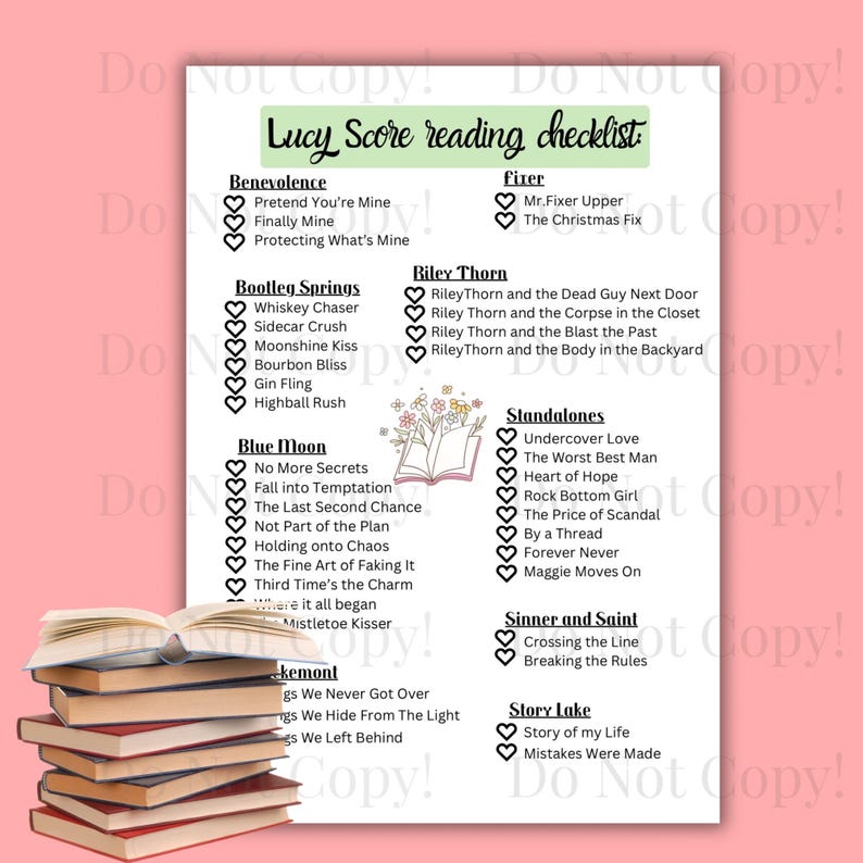 May include: A reading checklist titled "Lucy Score reading checklist" with book titles and check boxes. A stack of books is in the lower left corner. The background is pink.