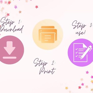 Op de afbeelding: Een grafiek met drie stappen voor het gebruik van een printbaar bestand: downloaden, afdrukken en gebruiken. De downloadstap wordt weergegeven door een roze cirkel met een witte pijl naar beneden. De afdrukstap wordt weergegeven door een gele cirkel met een wit printerpictogram. De gebruikstap wordt weergegeven door een paarse cirkel met een witte checklist en een pen.