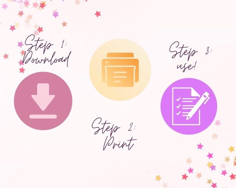 Op de afbeelding: Een grafiek met drie stappen voor het gebruik van een printbaar bestand: downloaden, afdrukken en gebruiken. De downloadstap wordt weergegeven door een roze cirkel met een witte pijl naar beneden. De afdrukstap wordt weergegeven door een gele cirkel met een wit printerpictogram. De gebruikstap wordt weergegeven door een paarse cirkel met een witte checklist en een pen.