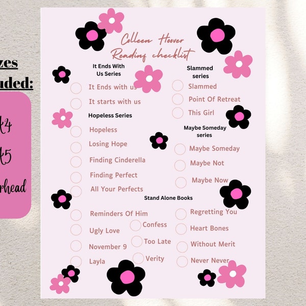 Colleen Hoover pink and black floral reading checklist, digital coho book tracker, A4 A5 Letterhead