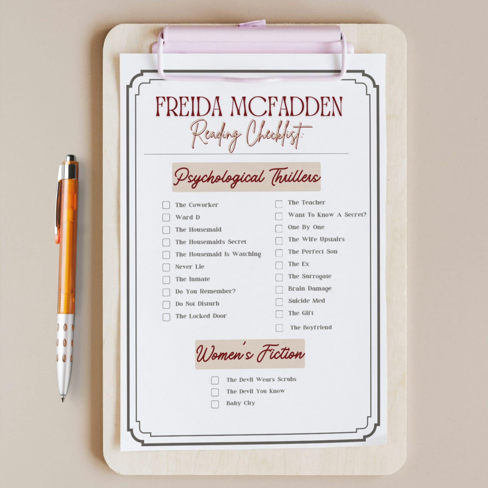 Freida Mcfadden Printable Checklist, Thriller Book Log, Freida Mcfadden