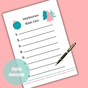 Teal and pink pastel Christmas printable wish list, children Christmas minimal wish list, printable gift list for Christmas with trees
