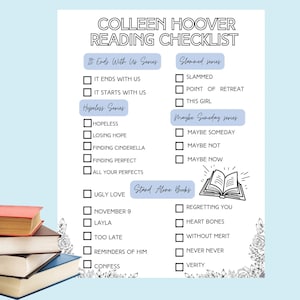 Colleen Hoover blue cozy reading session book checklist, coho reading log digital download, romance novels reading log, book worm image 1