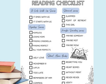 Colleen Hoover blue cozy reading session book checklist, coho reading log digital download, romance novels reading log, book worm
