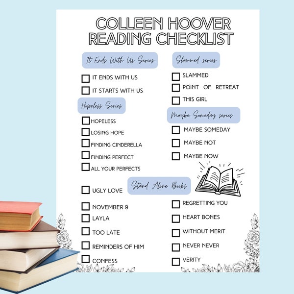 Colleen Hoover blue cozy reading session book checklist, coho reading log digital download, romance novels reading log, book worm