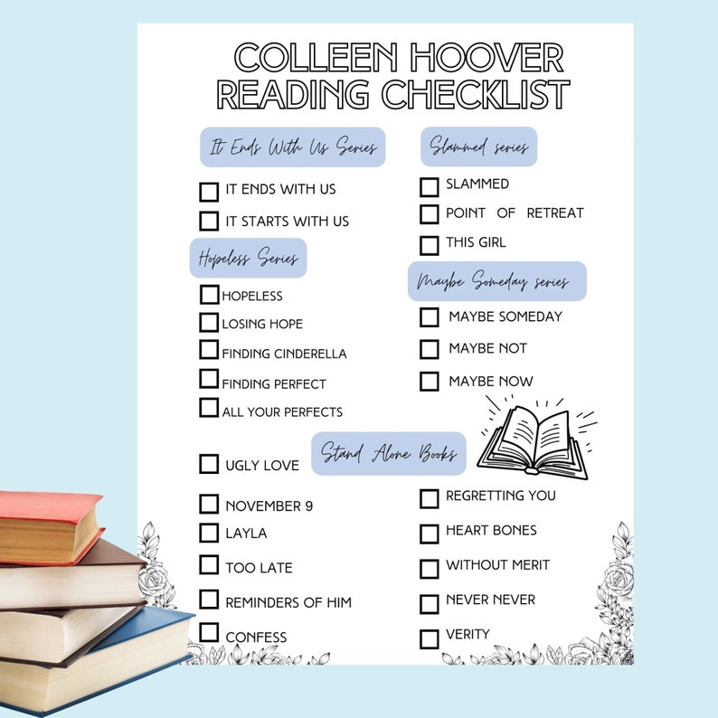 Colleen Hoover blue cozy reading session book checklist, coho reading log digital download, romance novels reading log, book worm image 1