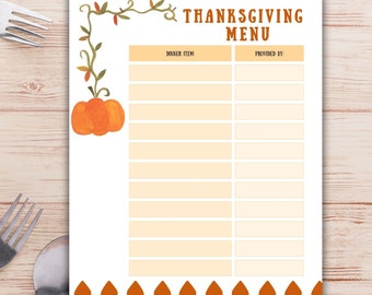Afdrukbare Thanksgiving-menuplanner voor gezinsaanmelding, Thanksgiving-potluck, eenvoudige vakantiemaaltijdplanning, A4 A5-briefhoofdformaten