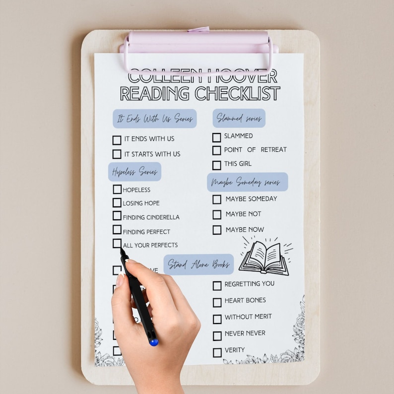 Colleen Hoover blue cozy reading session book checklist, coho reading log digital download, romance novels reading log, book worm image 5