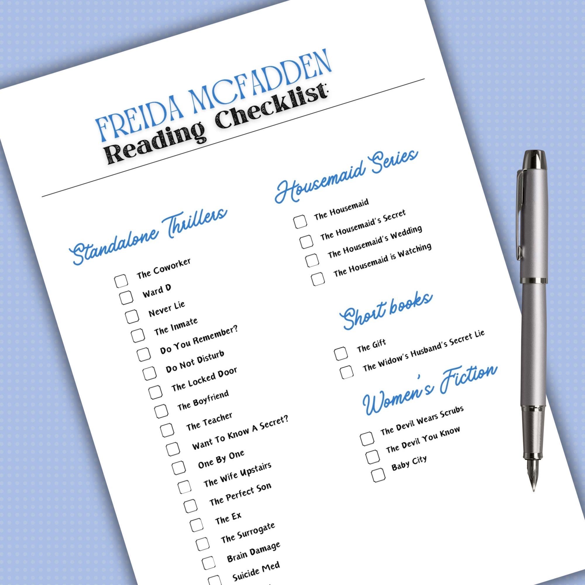 Freida Mcfadden Reading Log, Printable Reader Tracker, Freida Thriller Books Printable Checklist, Suspense Novels, Freida Book List Pdf - Etsy freida-mcfadden-reading-log-printable-reader-tracker-freida-thriller-books-printable-checklist-suspense-novels-freida-book-list-pdf-etsy