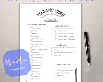 Freida McFadden reading log, printable book checklist, Thriller author book checklist, pdf reading checklist, black and white print