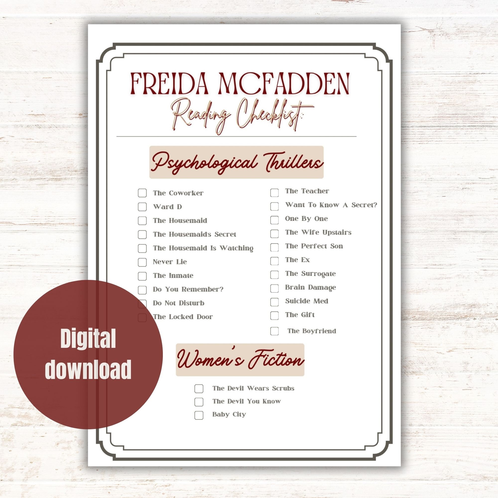 Freida Mcfadden Printable Checklist Thriller Book Log Freida Mcfadden Freida Mcfadden Printable Checklist Thriller Book Log Freida Mcfadden