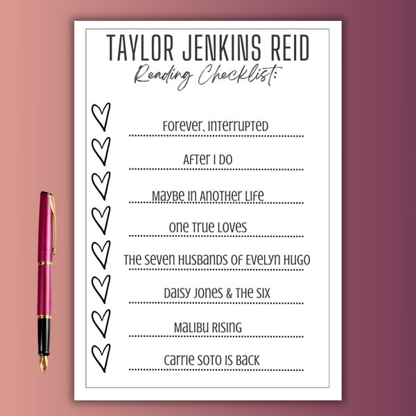 Taylor Jenkins Reid printable book reading checklist, A4 A5 Letterhead sizes pdf, Taylor Jenkins Reid cozy reading list, Booktok novels list