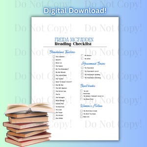 Op de afbeelding: Een digitaal downloadbare checklist voor Freida McFadden-boeken. De checklist bevat categorie&euml;n zoals Standalone Thrillers, Housemaid Series, Short books en Women's Fiction. Een stapel boeken staat op de voorgrond.