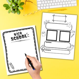 以下が含まれることがあります： 白黒の印刷可能な「新学期」をテーマにしたワークシート2枚。最初のワークシートは、手書きのフォントで「Back to School」というテキストが書かれた白黒の枠線があります。2枚目のワークシートには、ABC、リマインダー、誕生日、123のセクションがあります。