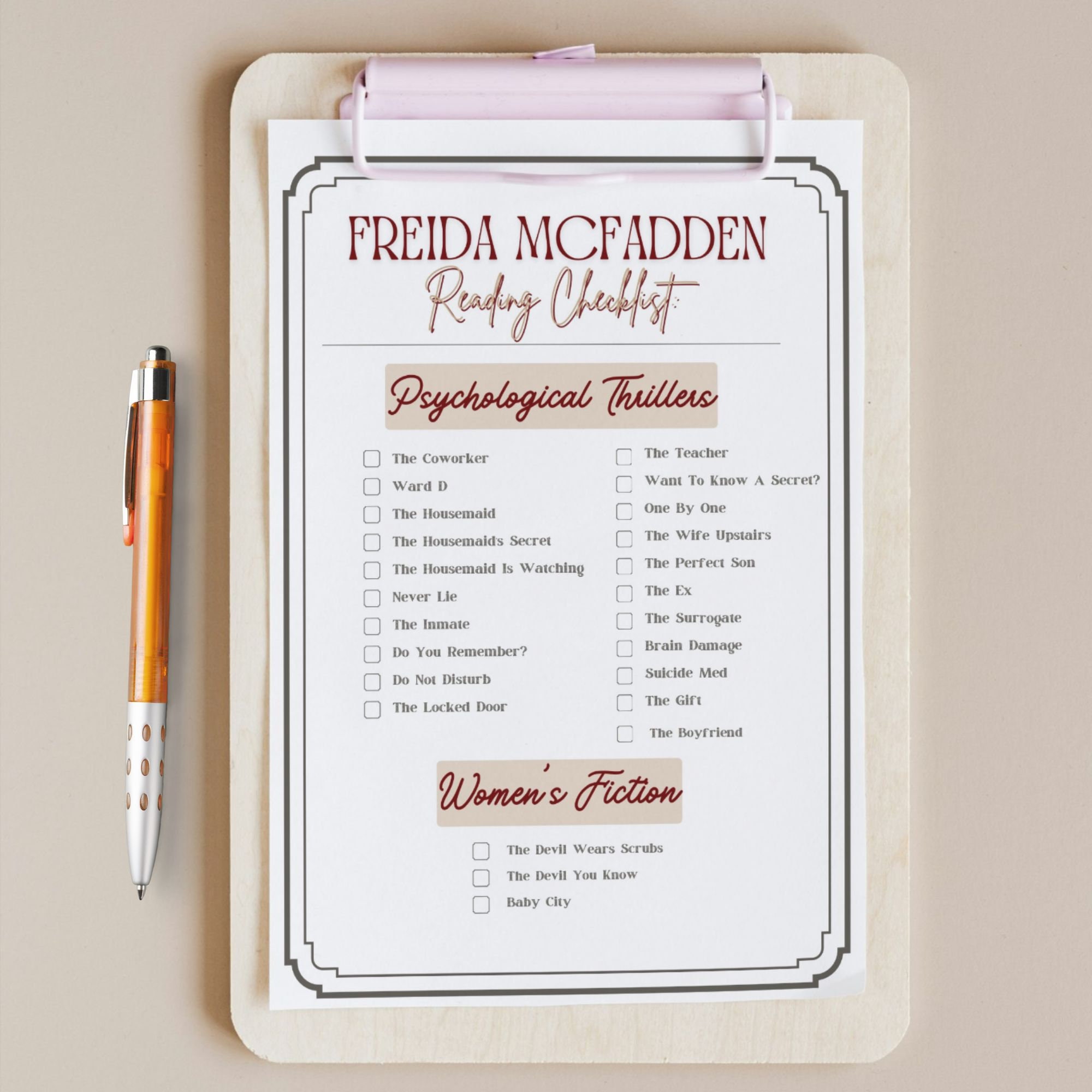 Freida Mcfadden Printable Reading Checklist, Thriller Book Log, Freida ...