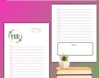 Floral minimalist TBR list printable with pink and green designs, stylish 2-page reading log, bookish list, A4 A4 Letterhead sizes, Booktok