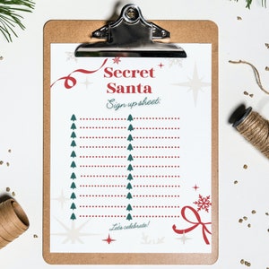 May include: A printable Secret Santa sign-up sheet with a red and white ribbon, green Christmas trees, and the text "Secret Santa Sign up sheet: Let's celebrate!"