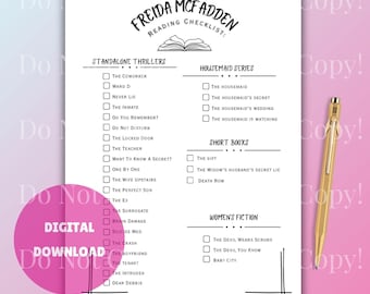 Freida McFadden book list reading log, printable checklist, Thriller author book checklist, pdf reading checklist, black and white print