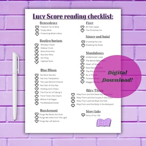 Lucy Score purple reading checklist printable, Lucy Score romance novels book list, book journey checklist for Lucy series and standalones